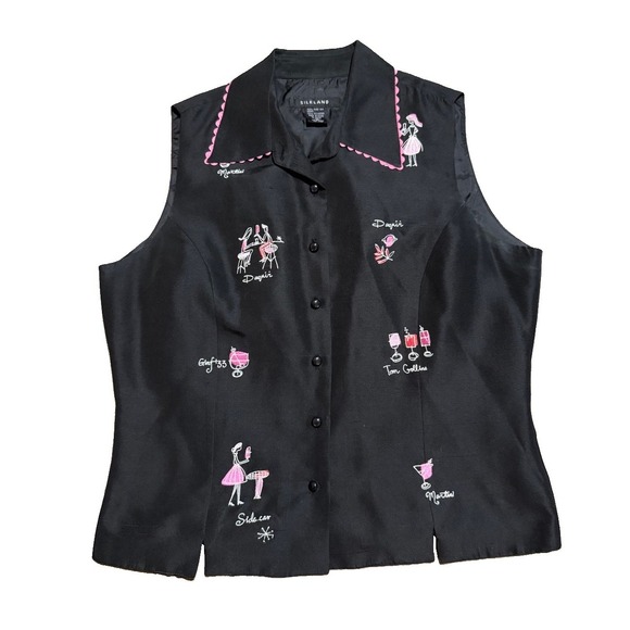 SilkLand Tops - Silkland Black DRINKS Embroidered 100% Silk Top 10 Martini Daiquiri Sleeveless